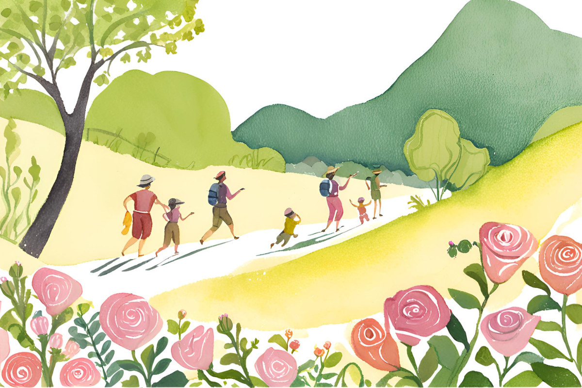 In this graphics people are going on a picnic in the green fields and hills. Pink roses bloomed in bulk in hot June weather.